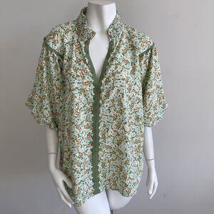 Umgee 1XL Green Floral Blouse Puff Sleeves Boho Shabby Cottage Chic Top Popover